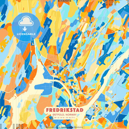 Fredrikstad, Østfold, Norway blue and orange vector art map template