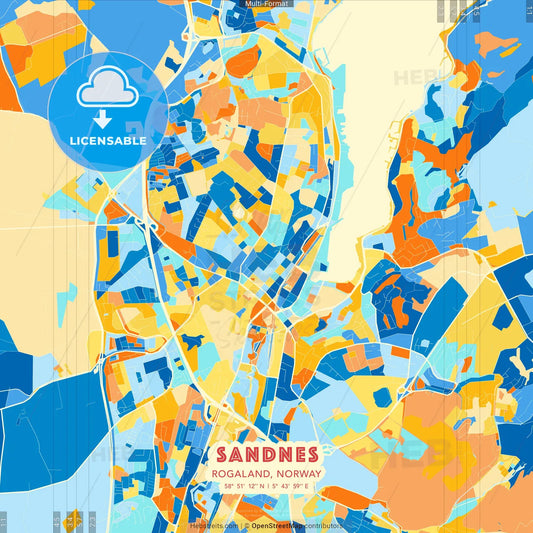 Sandnes, Rogaland, Norway blue and orange vector art map template