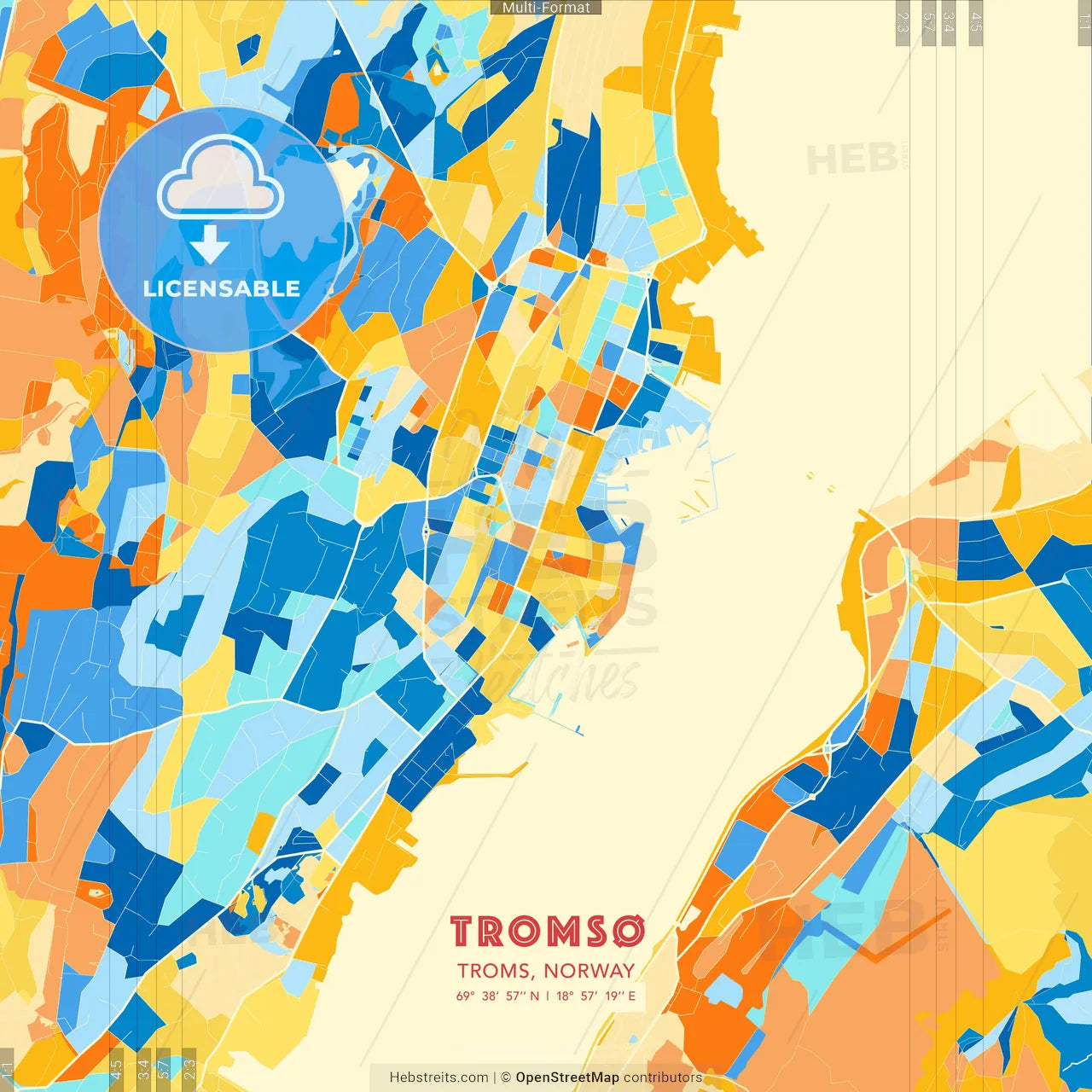 Tromsø, Troms, Norway blue and orange vector art map template
