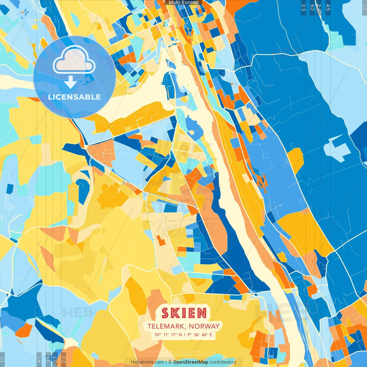 Skien, Telemark, Norway blue and orange vector art map template