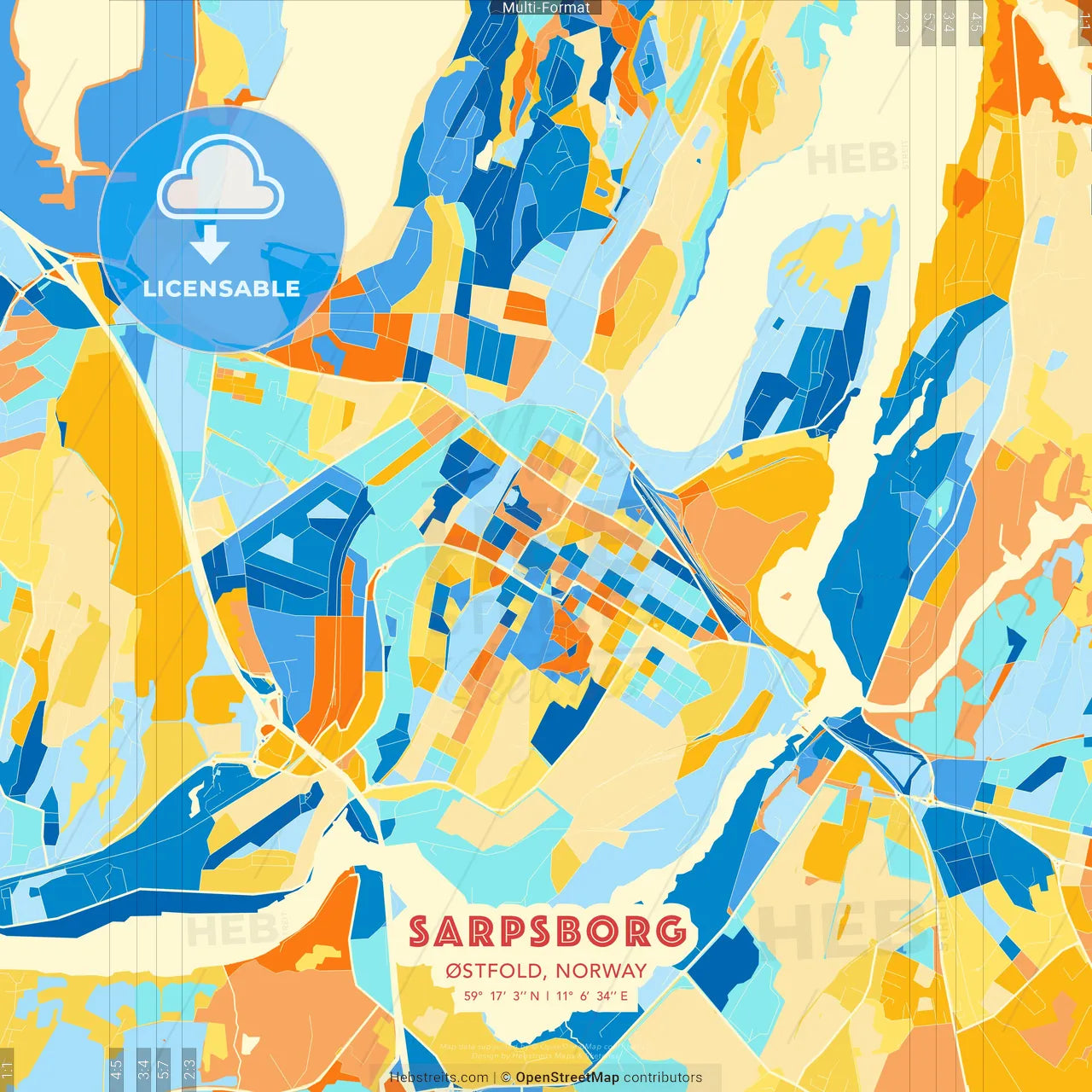 Sarpsborg, Østfold, Norway blue and orange vector art map template