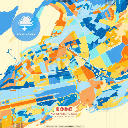 Bodø, Nordland, Norway blue and orange vector art map template