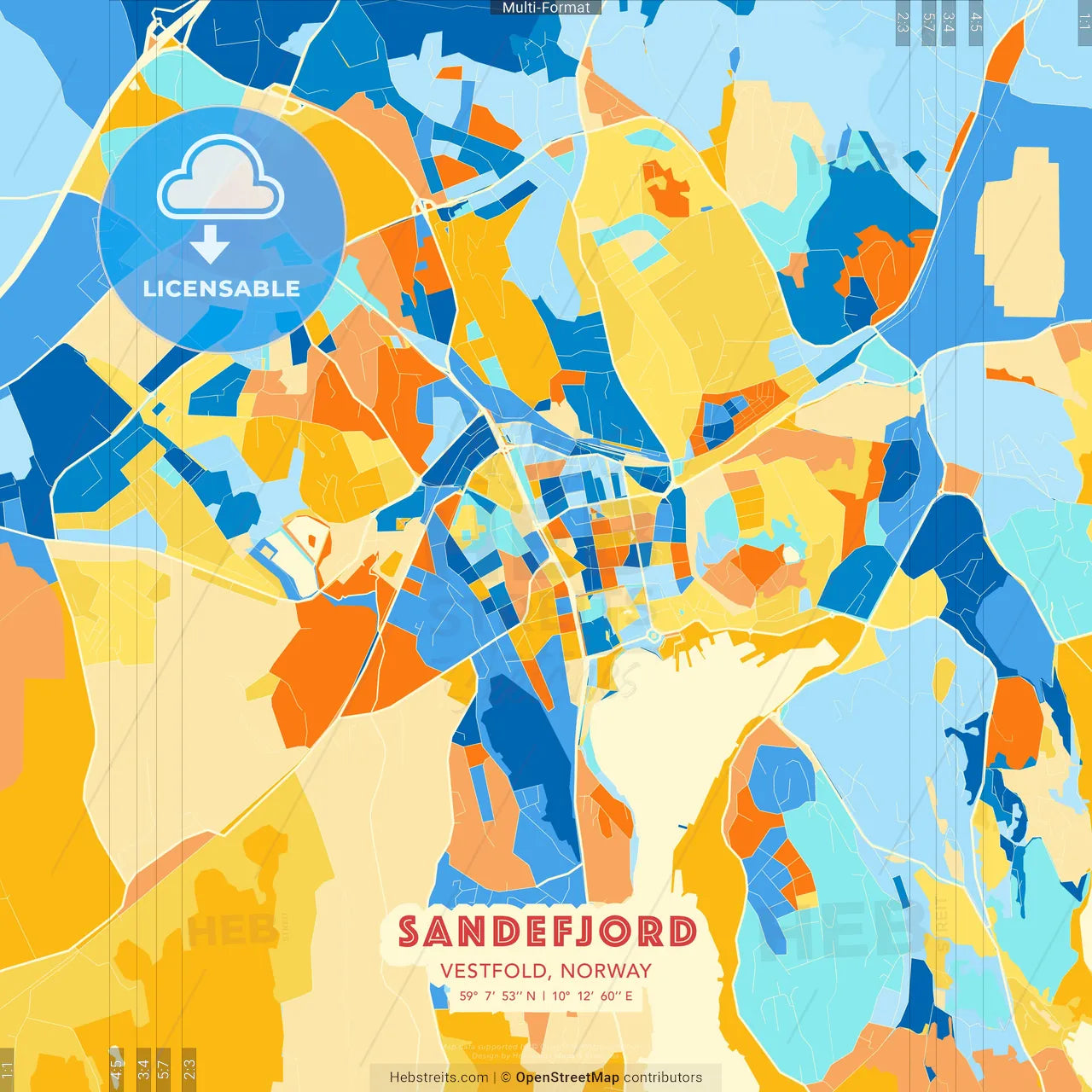 Sandefjord, Vestfold, Norway blue and orange vector art map template