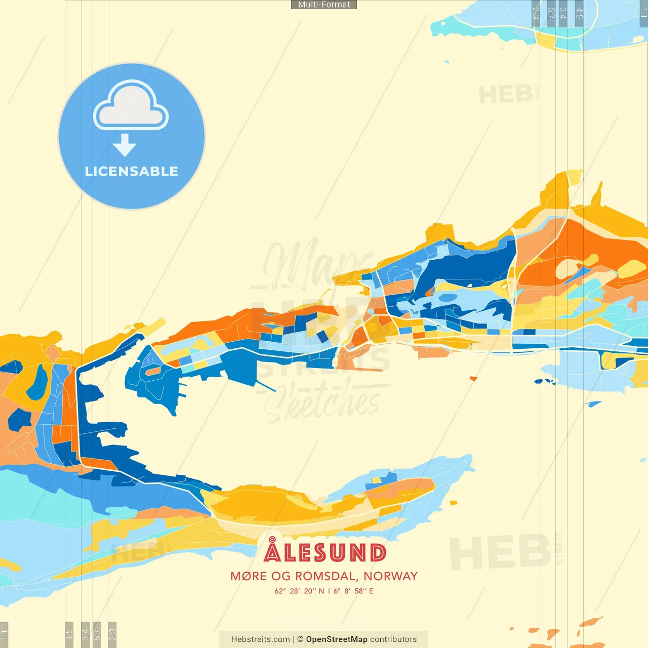Ålesund, Møre og Romsdal, Norway blue and orange vector art map template