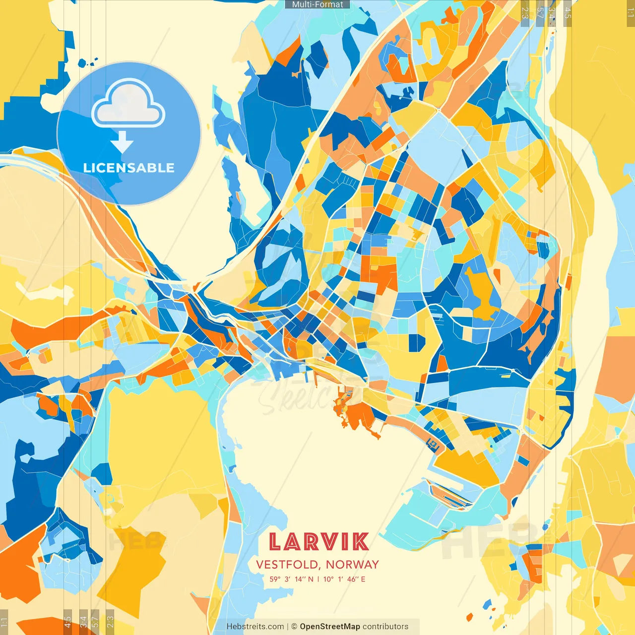 Larvik, Vestfold, Norway blue and orange vector art map template