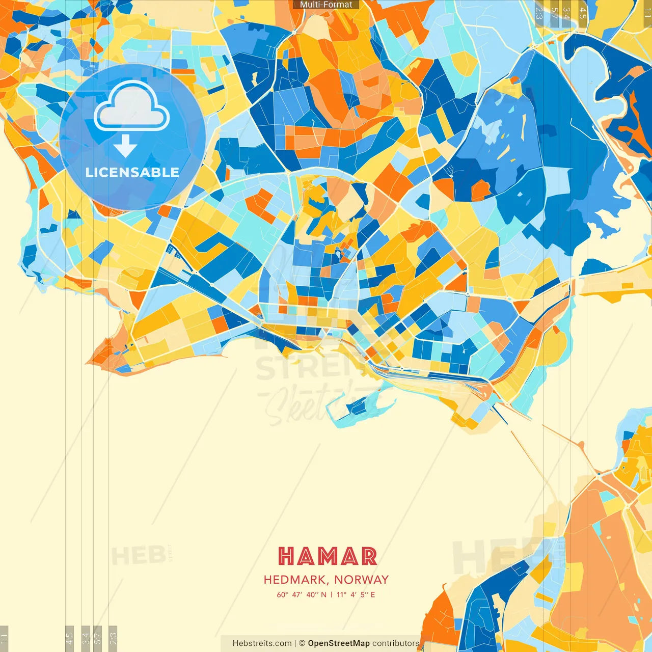 Hamar, Hedmark, Norway blue and orange vector art map template