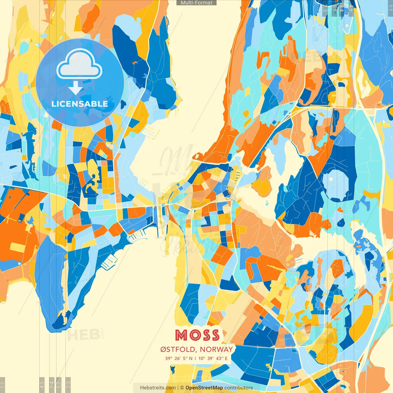 Moss, Østfold, Norway blue and orange vector art map template