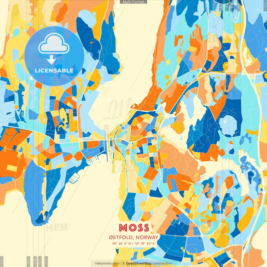 Moss, Østfold, Norway blue and orange vector art map template
