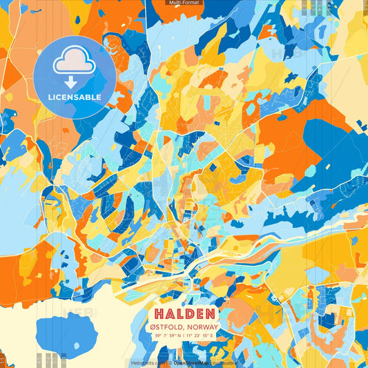 Halden, Østfold, Norway blue and orange vector art map template