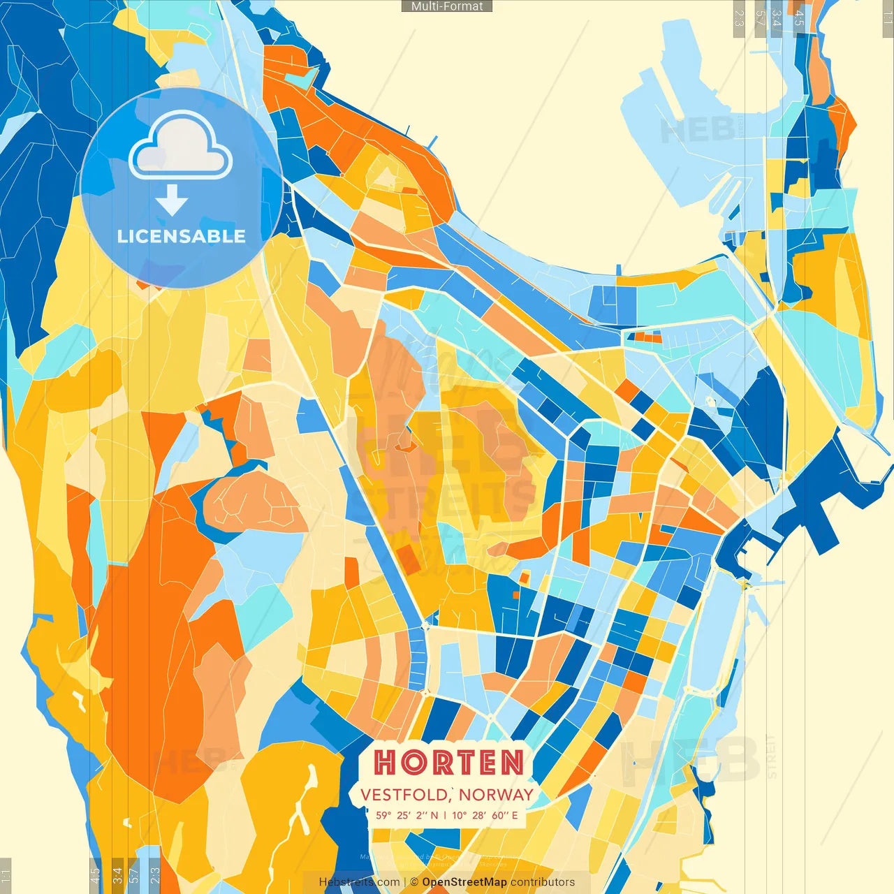 Horten, Vestfold, Norway blue and orange vector art map template