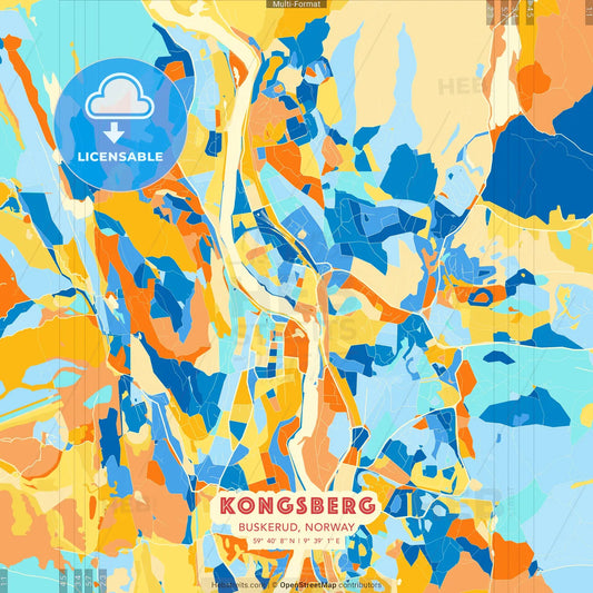 Kongsberg, Buskerud, Norway blue and orange vector art map template