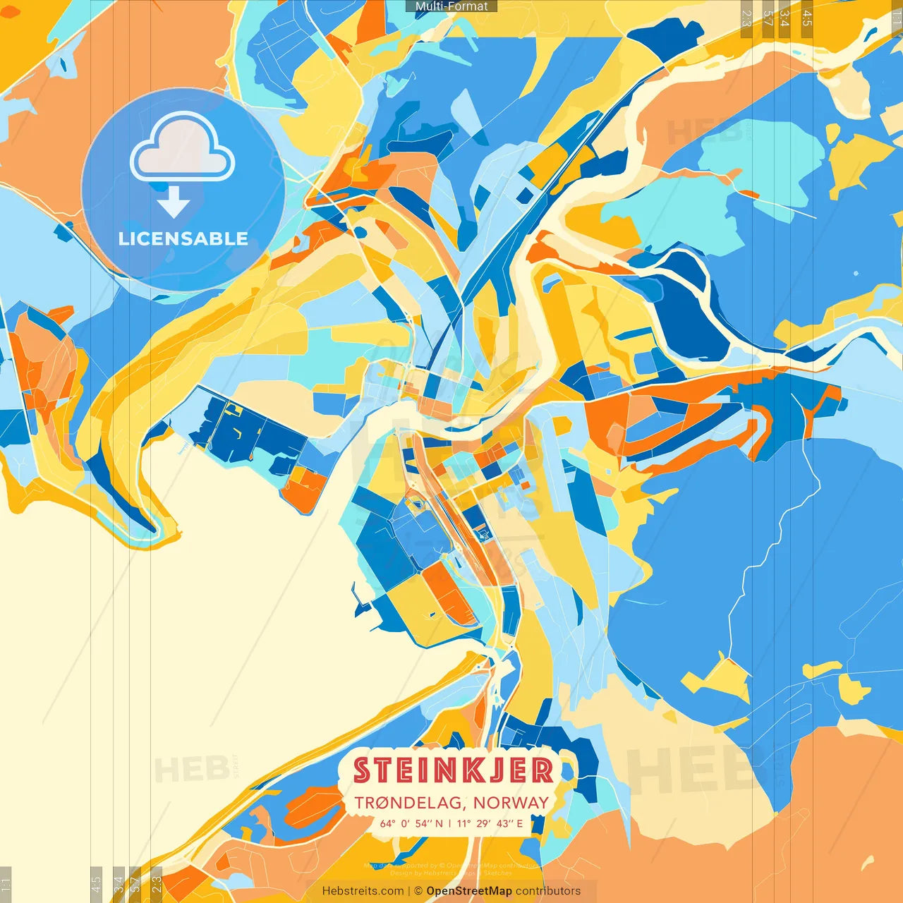 Steinkjer, Trøndelag, Norway blue and orange vector art map template