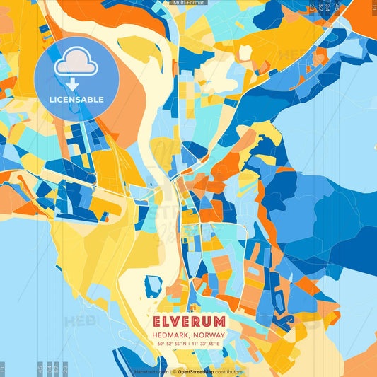 Elverum, Hedmark, Norway blue and orange vector art map template