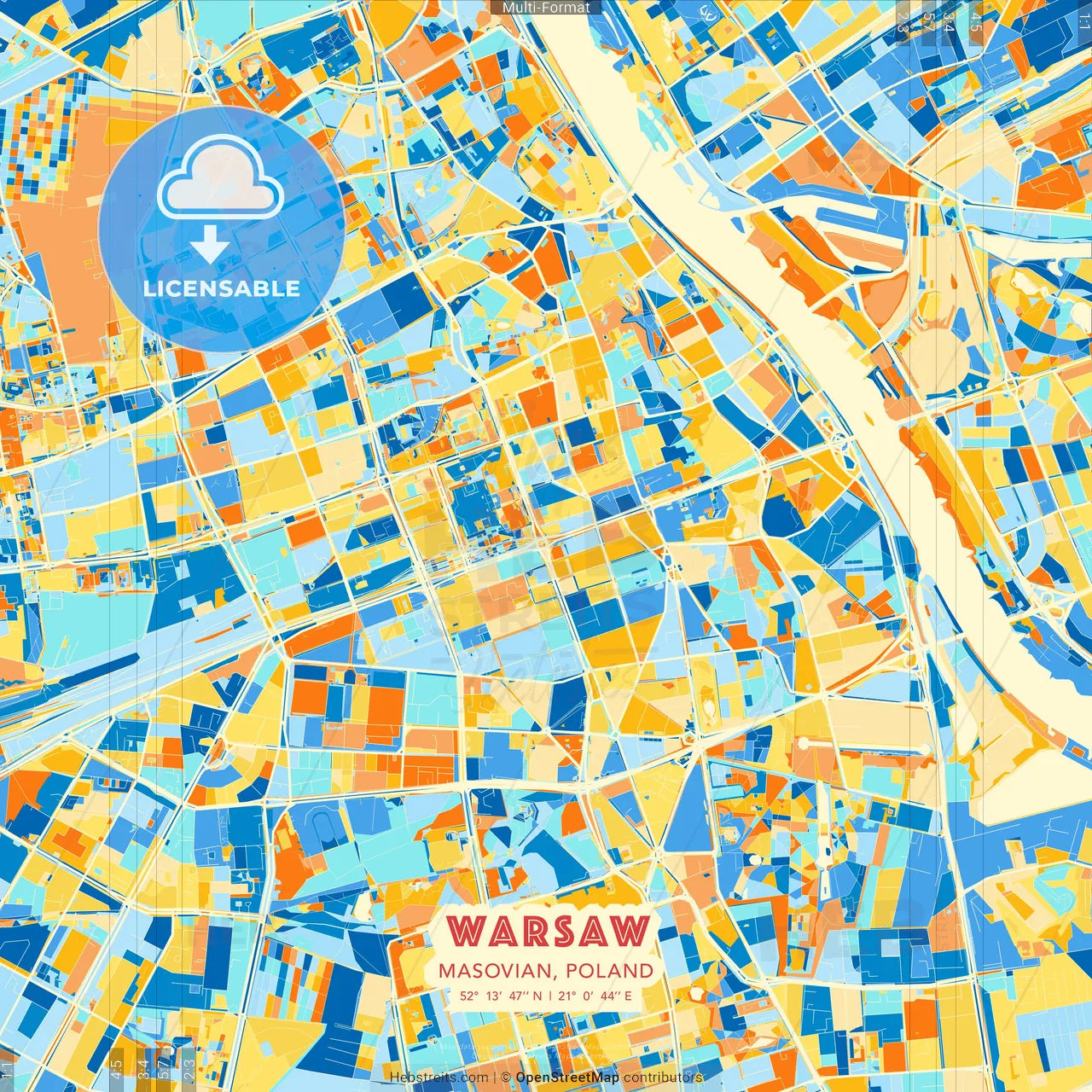 Warsaw, Masovian, Poland blue and orange vector art map template