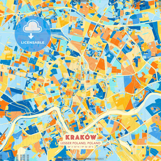 Kraków, Lesser Poland, Poland blue and orange vector art map template