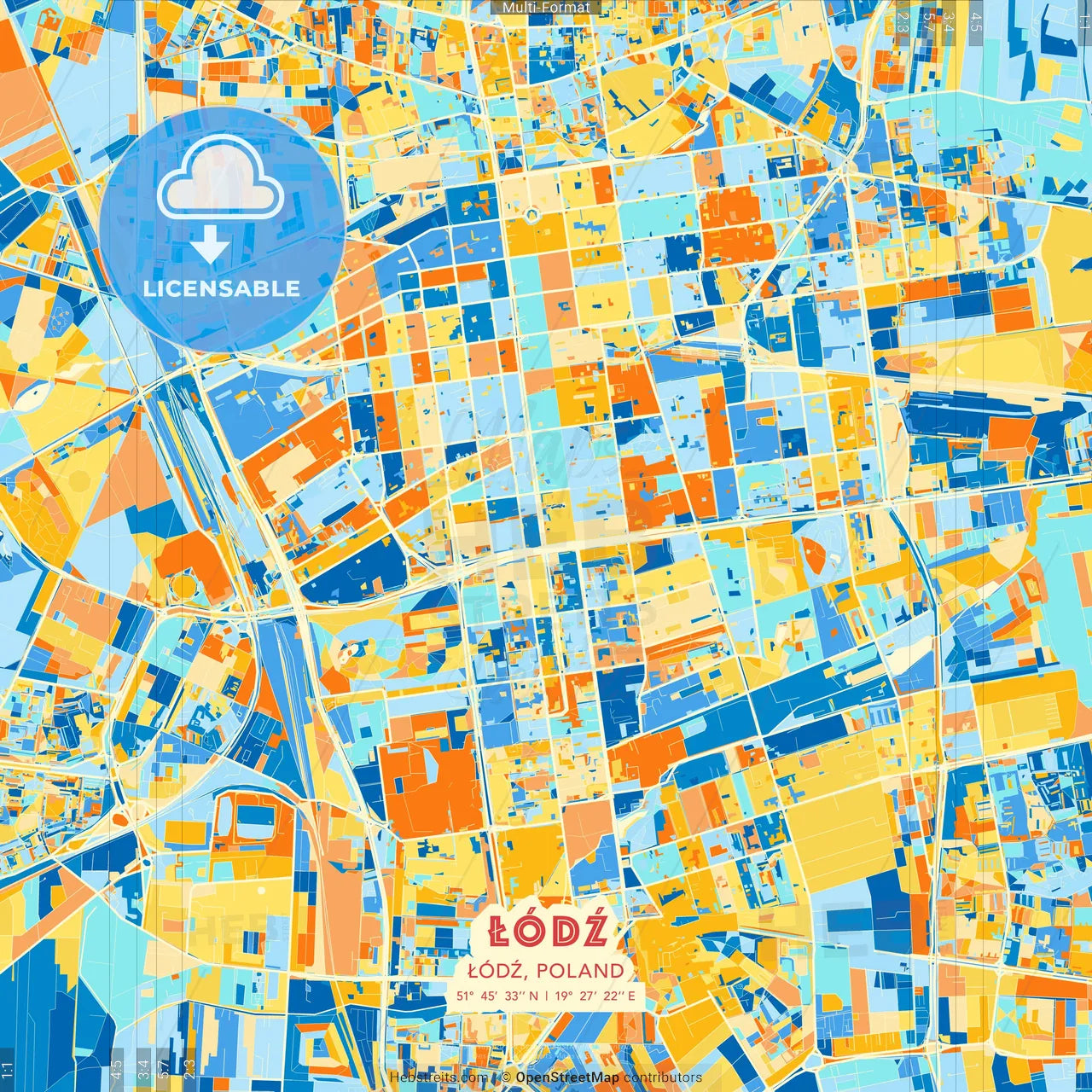 Łódź, Łódź, Poland blue and orange vector art map template