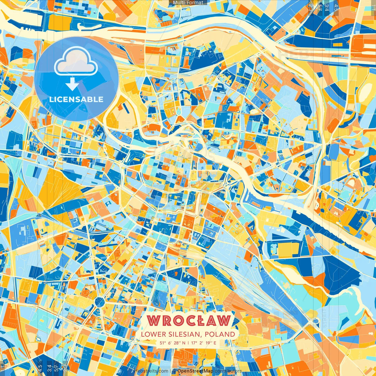 Wrocław, Lower Silesian, Poland blue and orange vector art map template