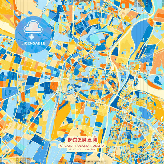 Poznań, Greater Poland, Poland blue and orange vector art map template