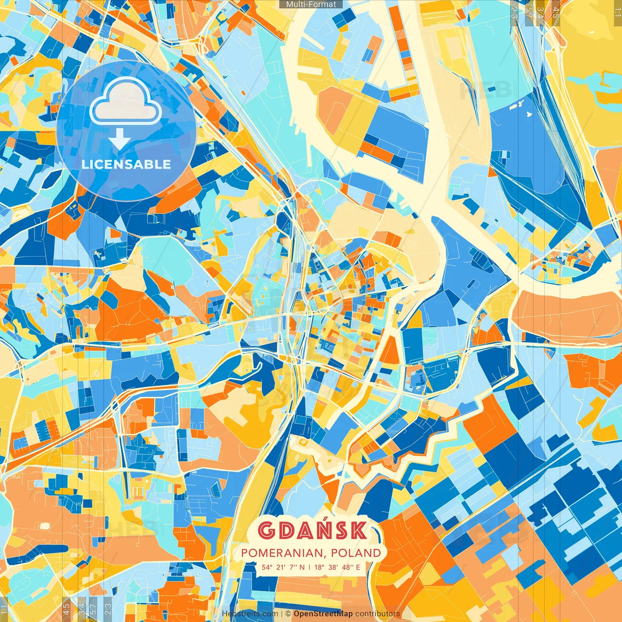 Gdańsk, Pomeranian, Poland blue and orange vector art map template
