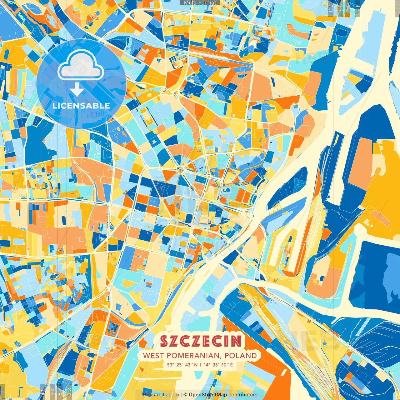 Szczecin, West Pomeranian, Poland blue and orange vector art map template