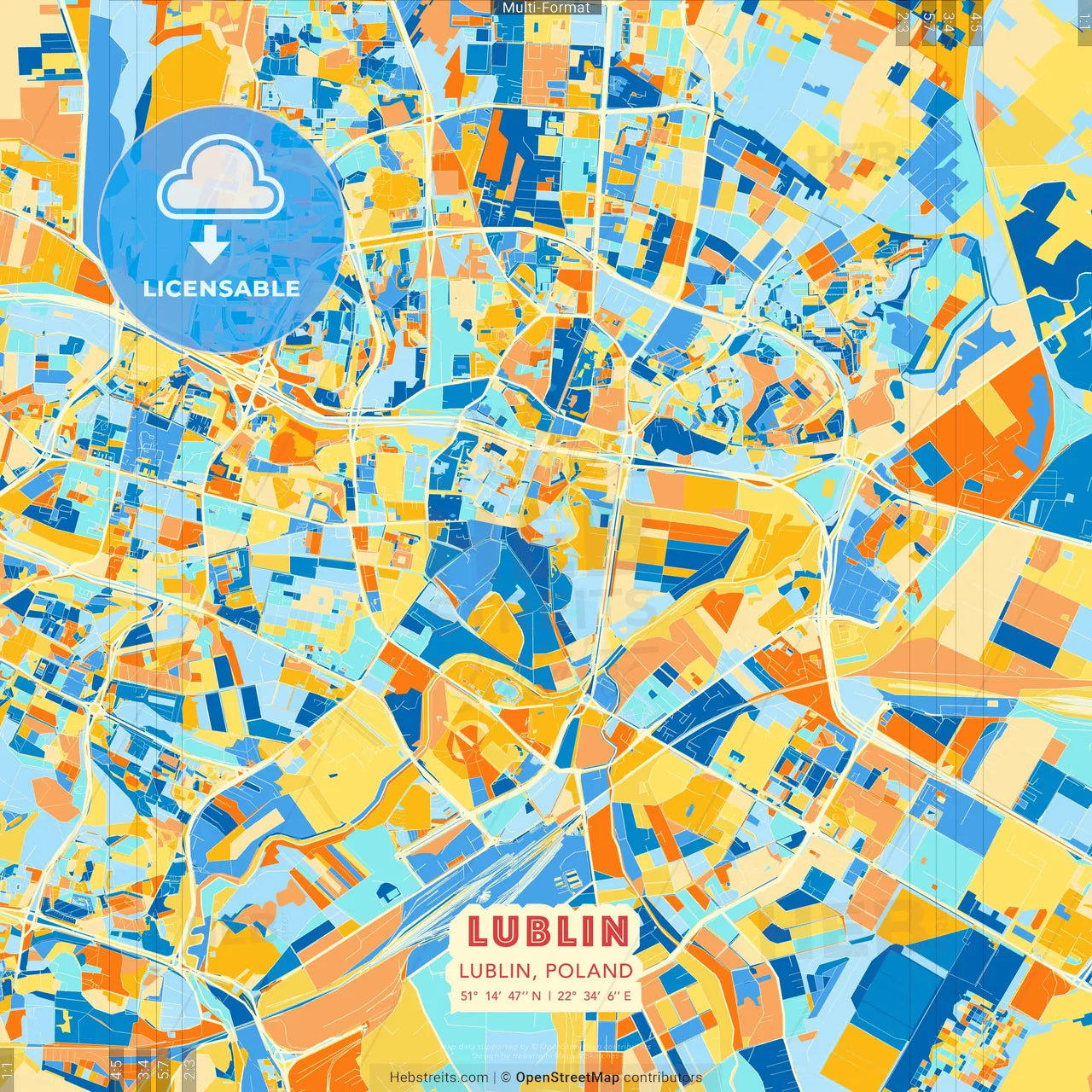 Lublin, Lublin, Poland blue and orange vector art map template