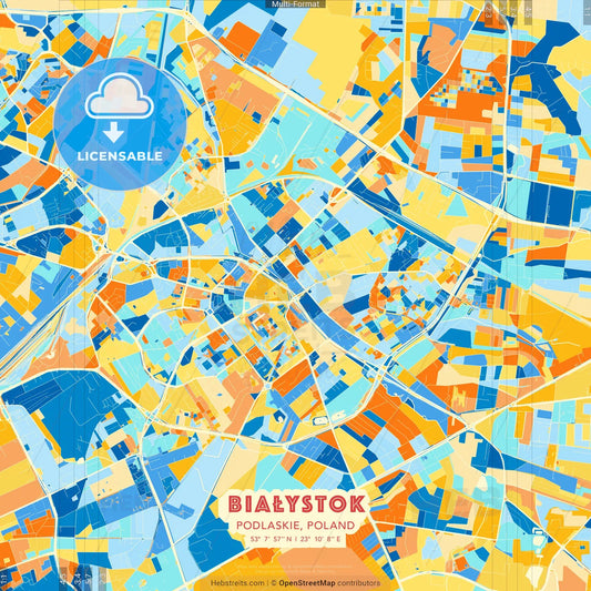 Białystok, Podlaskie, Poland blue and orange vector art map template
