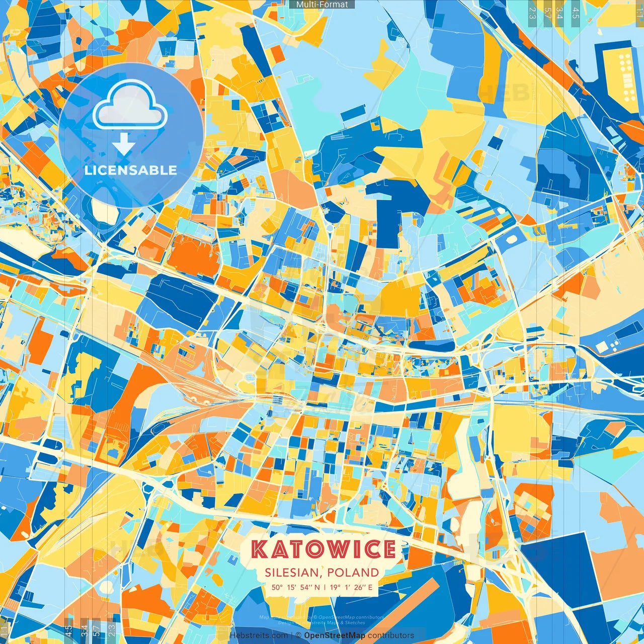 Katowice, Silesian, Poland blue and orange vector art map template