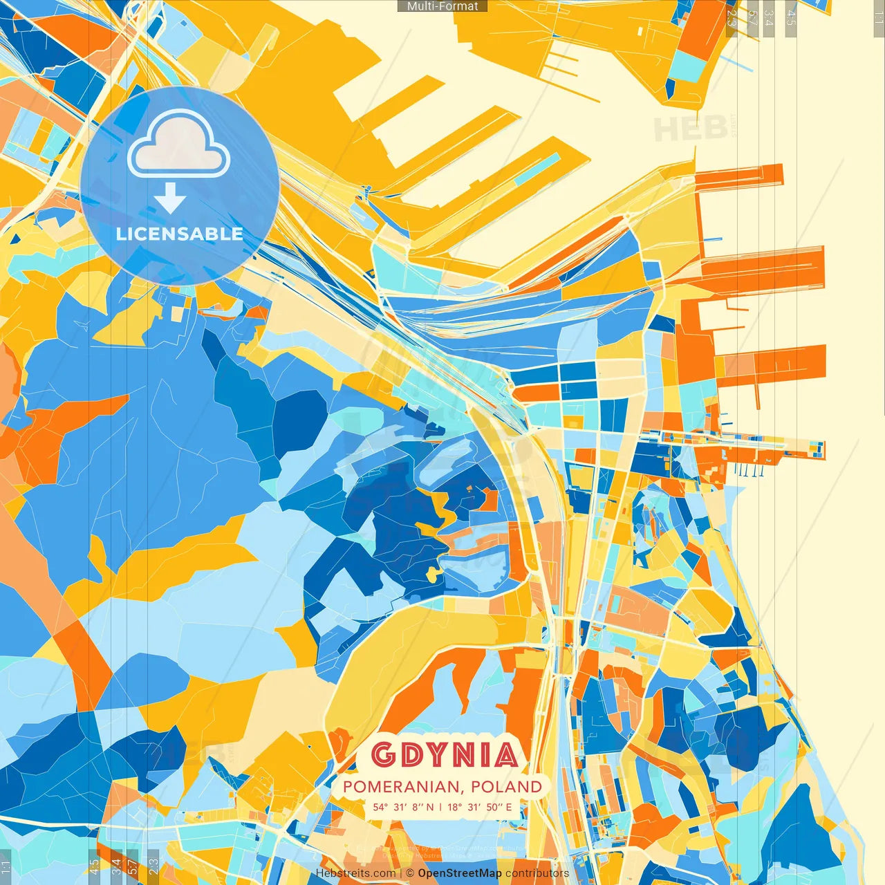 Gdynia, Pomeranian, Poland blue and orange vector art map template