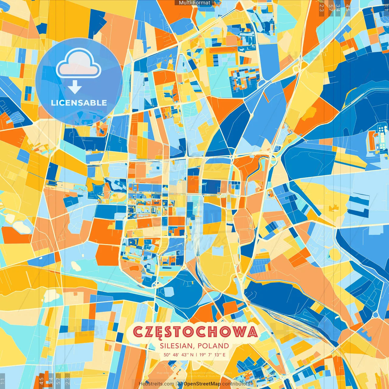 Częstochowa, Silesian, Poland blue and orange vector art map template
