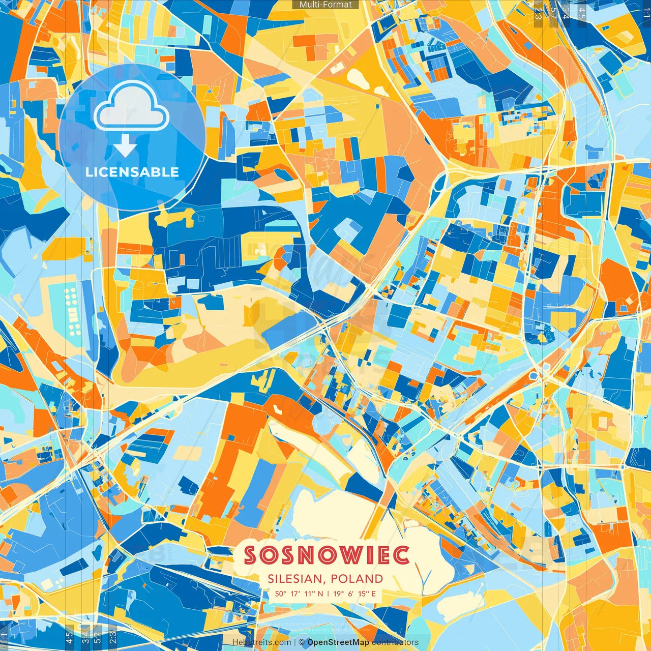 Sosnowiec, Silesian, Poland blue and orange vector art map template