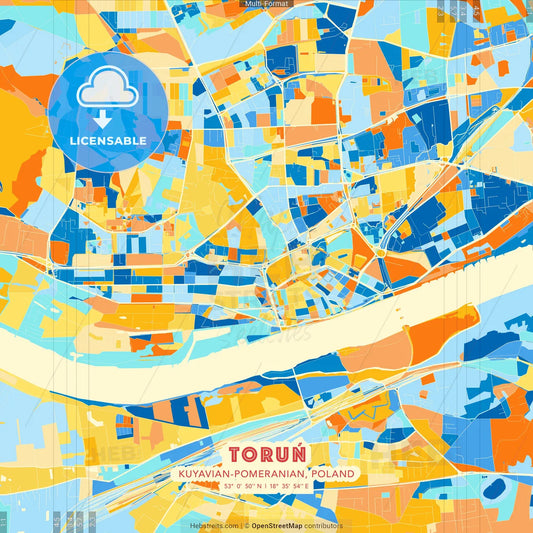 Toruń, Kuyavian-Pomeranian, Poland blue and orange vector art map template
