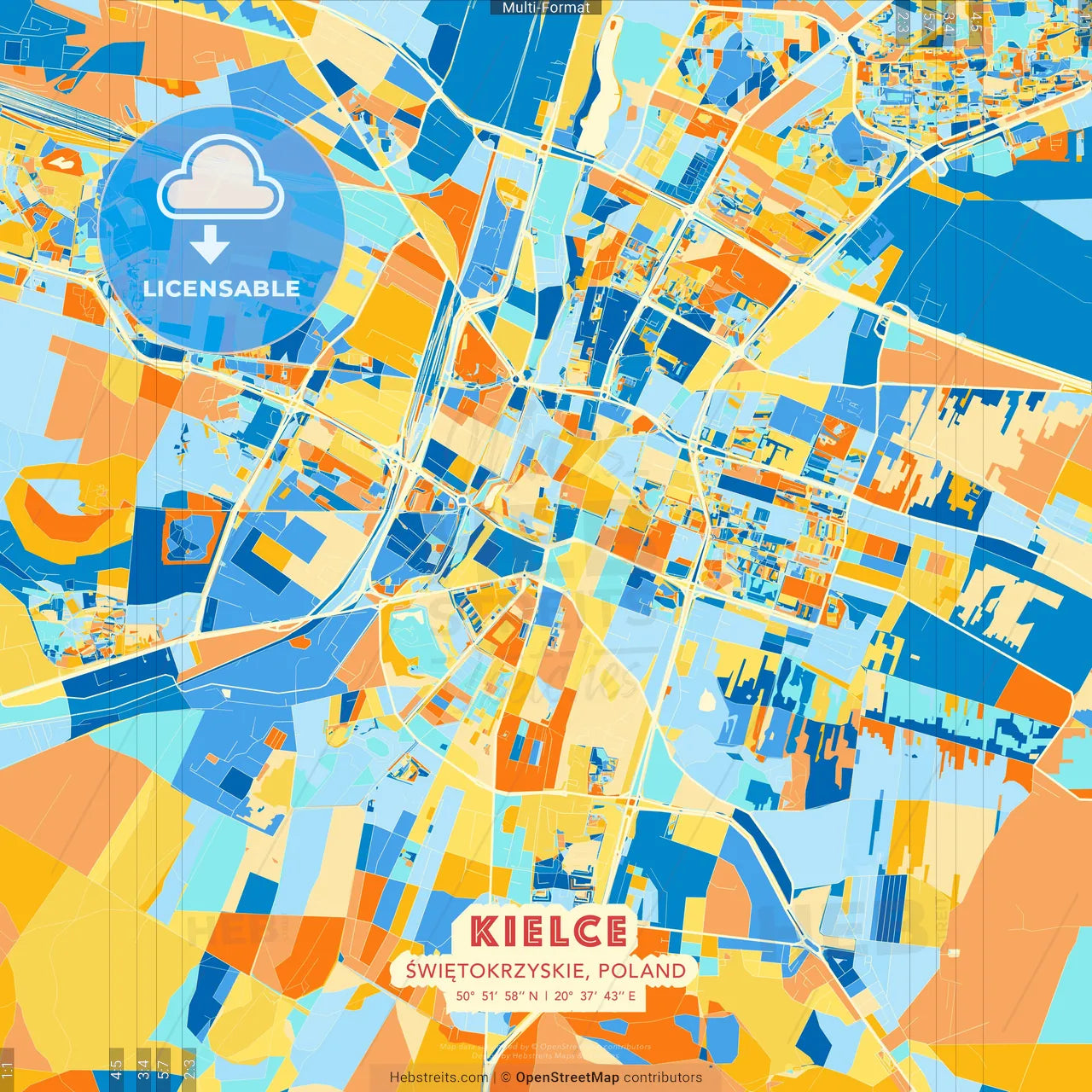 Kielce, Świętokrzyskie, Poland blue and orange vector art map template