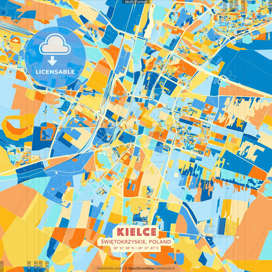 Kielce, Świętokrzyskie, Poland blue and orange vector art map template