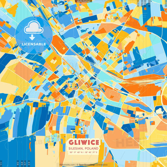 Gliwice, Silesian, Poland blue and orange vector art map template