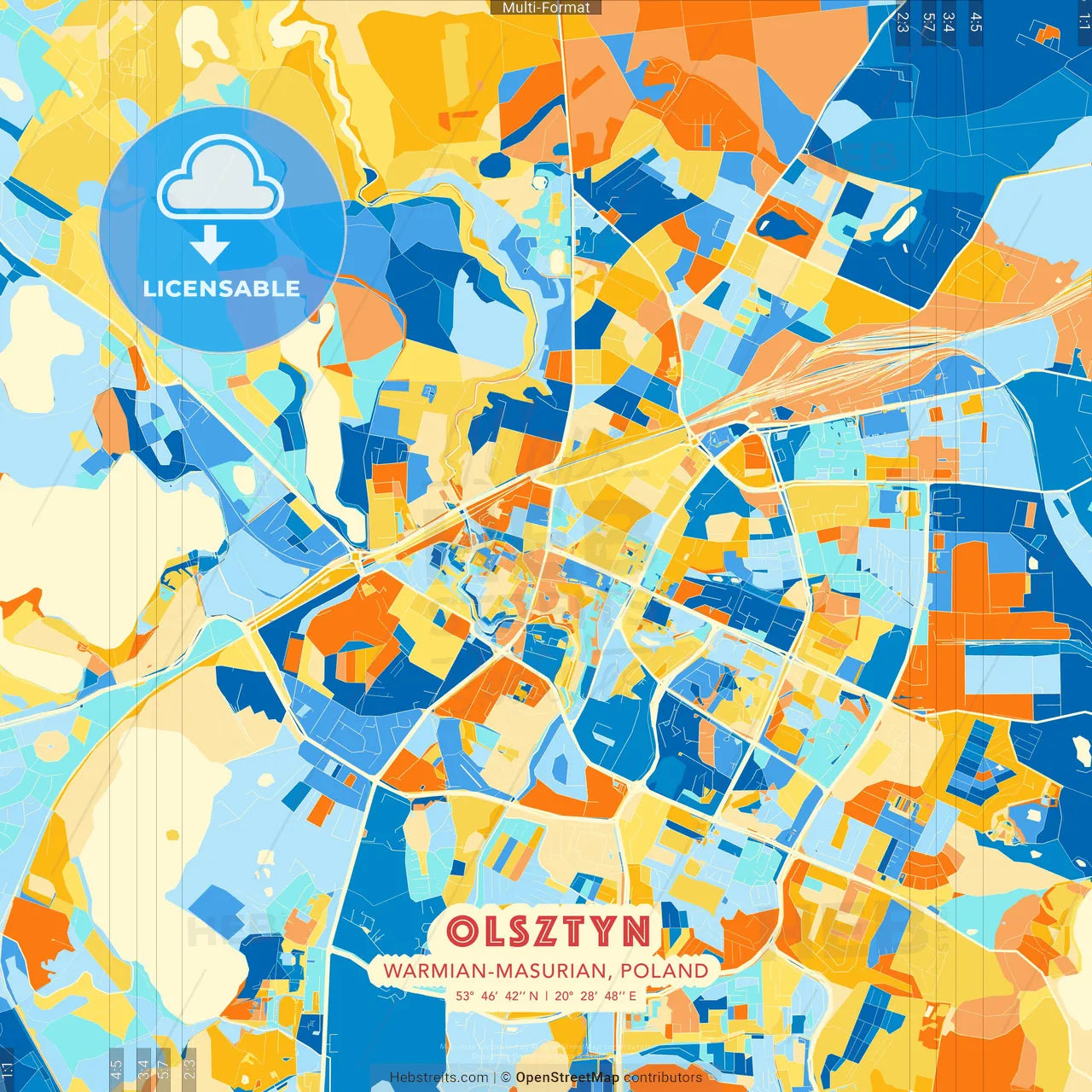 Olsztyn, Warmian-Masurian, Poland blue and orange vector art map template