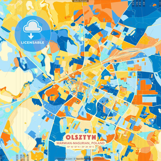 Olsztyn, Warmian-Masurian, Poland blue and orange vector art map template