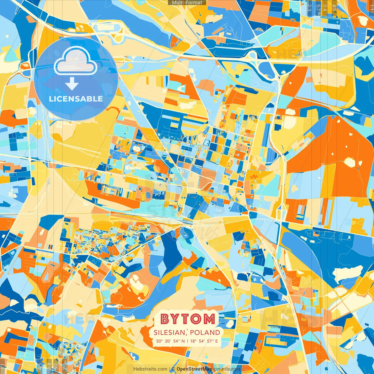 Bytom, Silesian, Poland blue and orange vector art map template