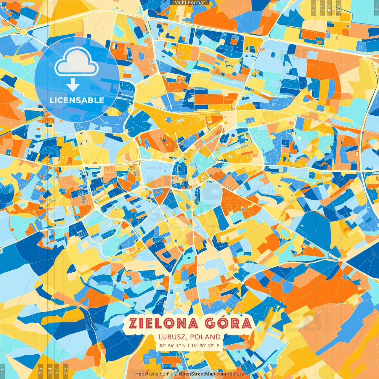 Zielona Góra, Lubusz, Poland blue and orange vector art map template