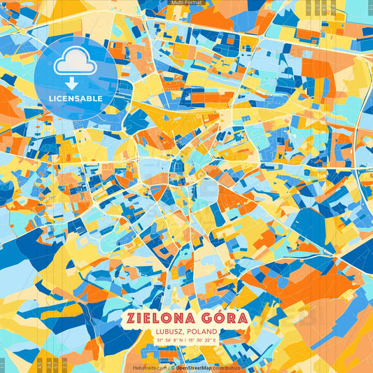 Zielona Góra, Lubusz, Poland blue and orange vector art map template