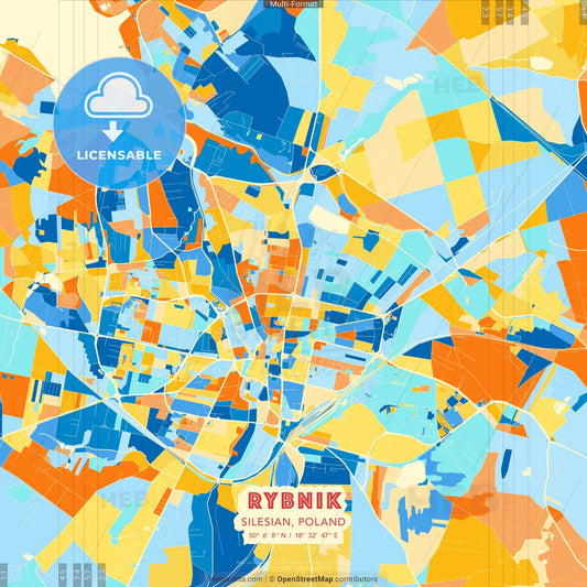 Rybnik, Silesian, Poland blue and orange vector art map template