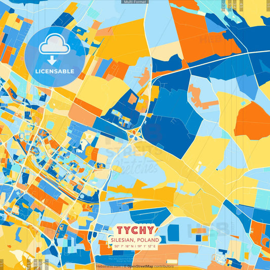 Tychy, Silesian, Poland blue and orange vector art map template