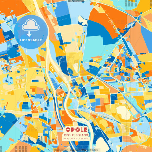 Opole, Opole, Poland blue and orange vector art map template