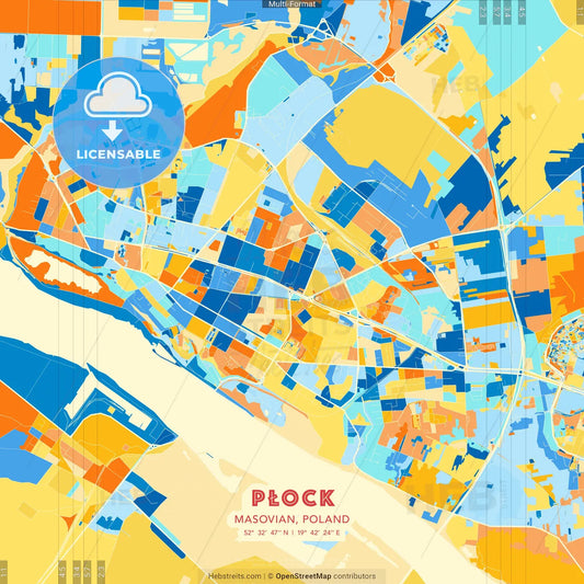 Płock, Masovian, Poland blue and orange vector art map template