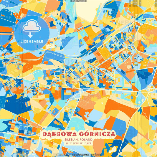 Dąbrowa Górnicza, Silesian, Poland blue and orange vector art map template