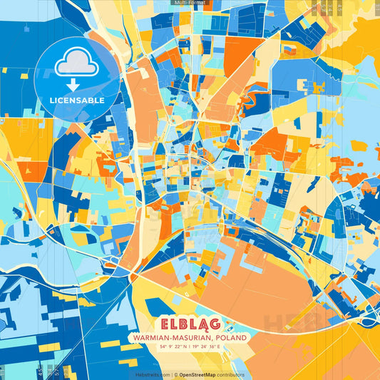 Elbląg, Warmian-Masurian, Poland blue and orange vector art map template