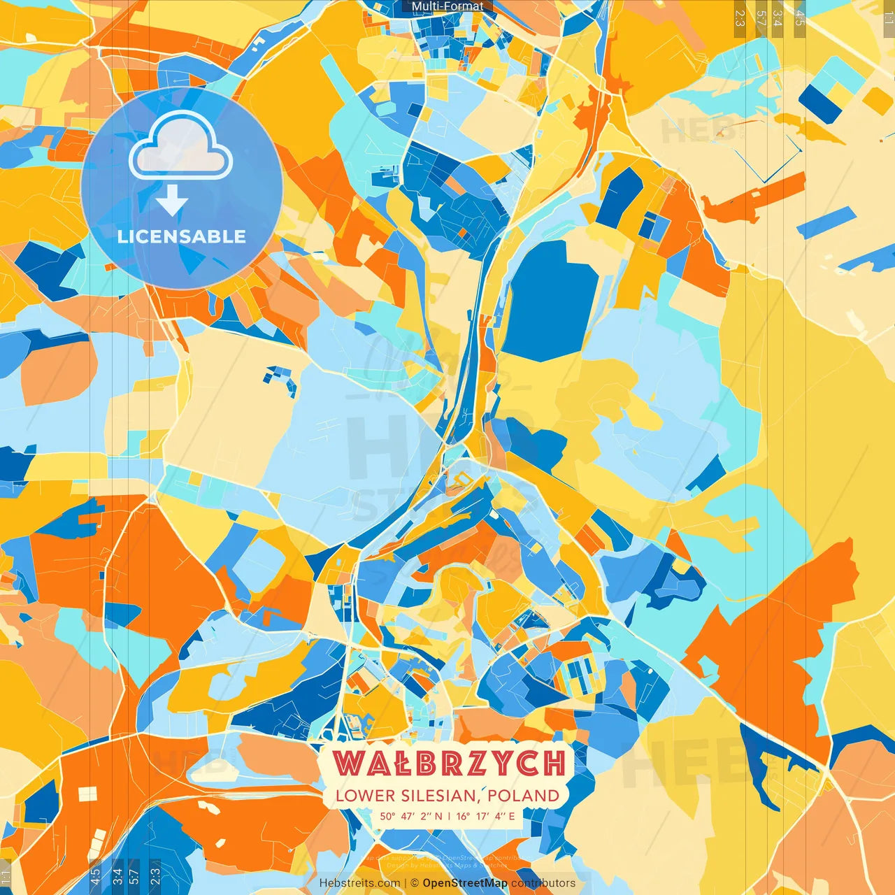 Wałbrzych, Lower Silesian, Poland blue and orange vector art map template