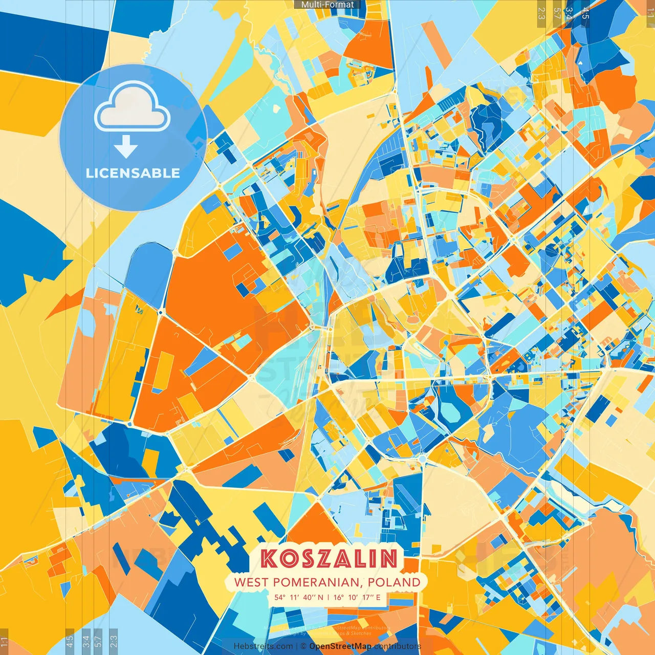 Koszalin, West Pomeranian, Poland blue and orange vector art map template