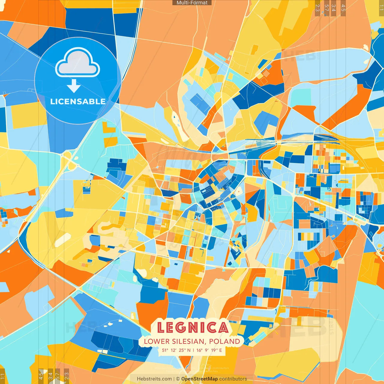 Legnica, Lower Silesian, Poland blue and orange vector art map template