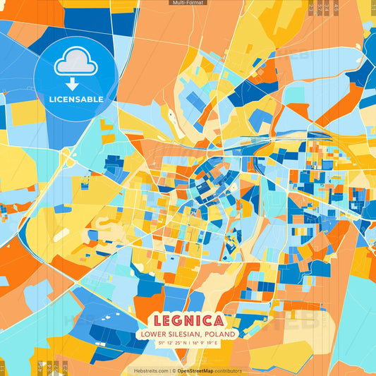 Legnica, Lower Silesian, Poland blue and orange vector art map template