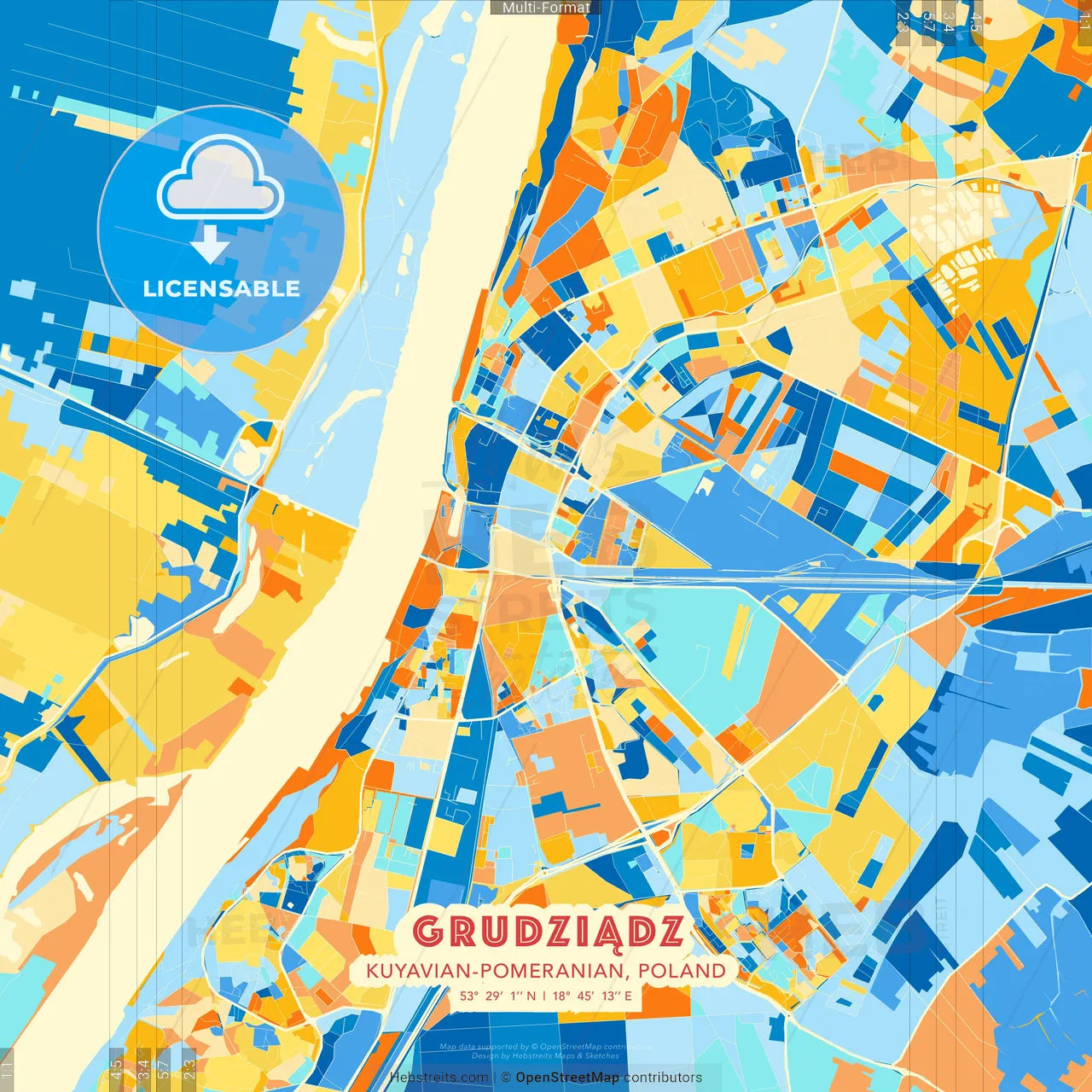 Grudziądz, Kuyavian-Pomeranian, Poland blue and orange vector art map template